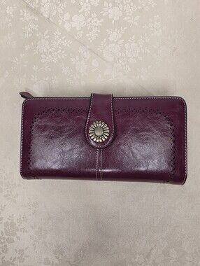 SENDEFN Burgundy Genuine Leather Sunflower Bifold Clutch Wallet Organizer